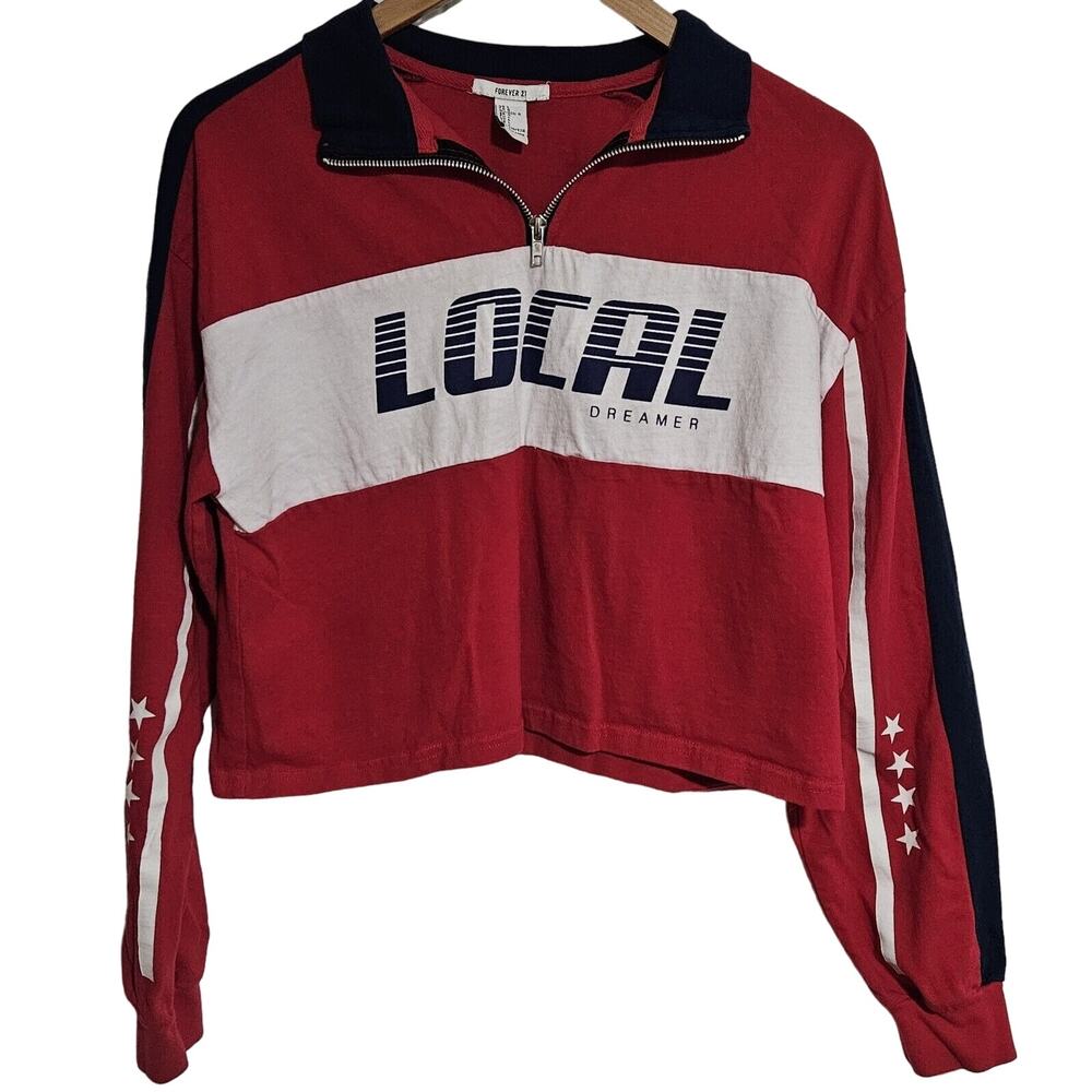 Large Forever 21 Junior's Quarter Zip Crop Top Pullover, Red, Local Dreamer